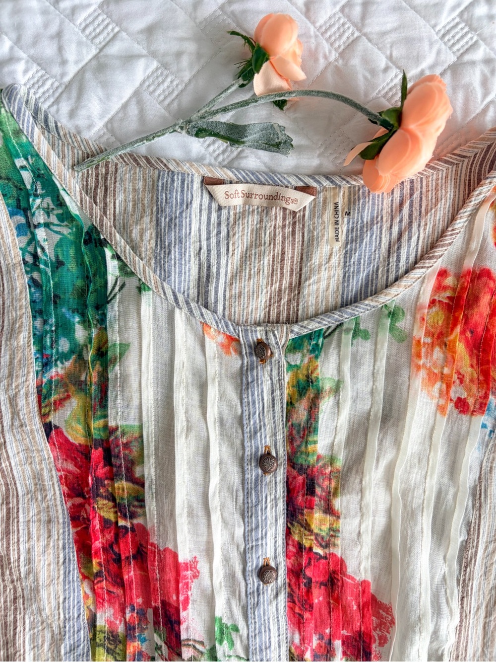 Soft Surroundings Crinkle Cotton Floral Striped Button Front Tunic Top M - Picture 2 of 12